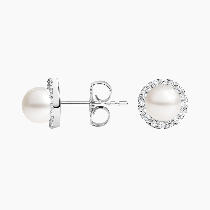 Freshwater Cultured Pearl Halo Diamond Earrings (5mm)