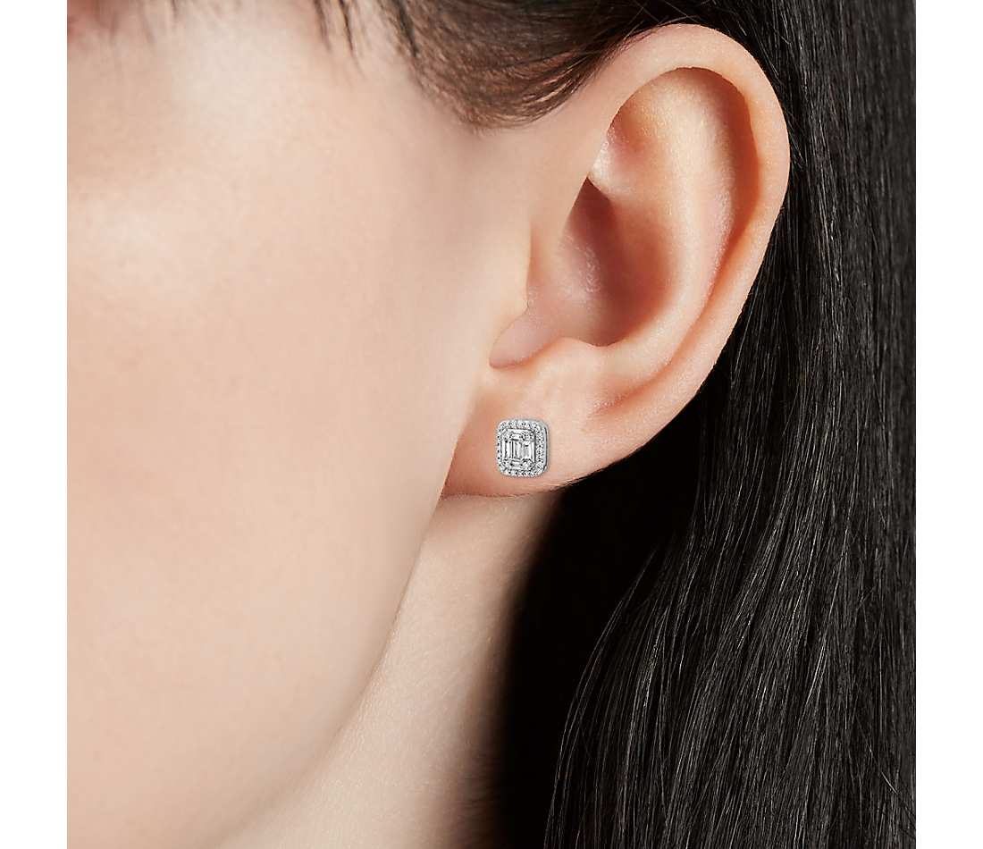 Baguette Diamond Halo Stud Earrings
